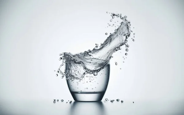 Pour water into a clear glass Water splashes Water spills on the floor White background