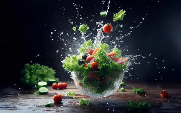 Salad vegetables with juice splashing or exploding Green vegetables in a glass bowl flying in the air and water splashing on a black background