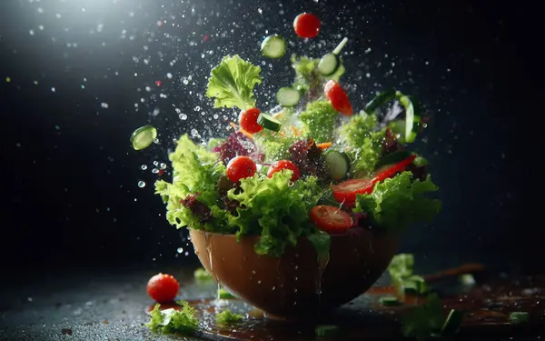 Salad vegetables with juice splashing or exploding Green vegetables in a glass bowl flying in the air and water splashing on a black background