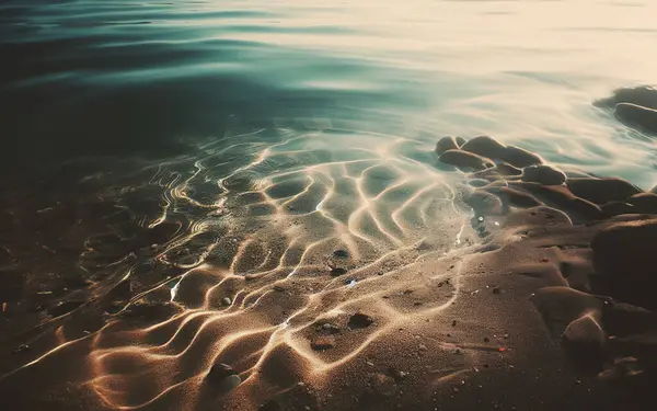 underwater sand floor under the empty sea The sun shines down under the water. The sand surface is in the shape of waves. The water is clear under the sea