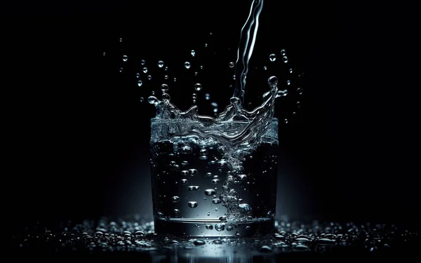 Pour water into a clear glass Water splashes Water spills on the floor Black background