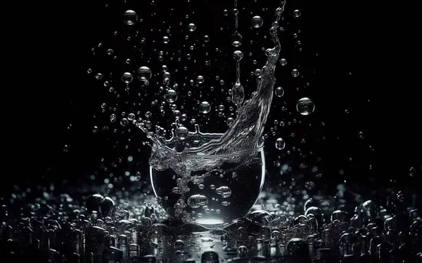 Pour water into a clear glass Water splashes Water spills on the floor Black background