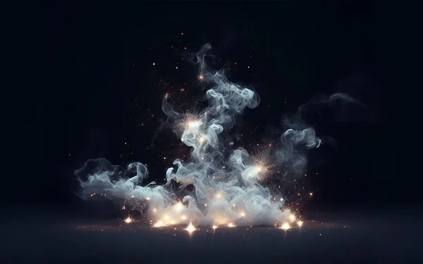 sparks, bursts of sparks smoke and fire background White smoke on a black background