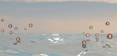 Ürün dekorasyonu için sahneler Su yüzeyinin arkaplan resmi ve inciler 3B illüstrasyon