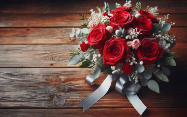 Eski ahşap bir zemin üzerine yerleştirilmiş kırmızı güller buketi Sevgililer Günü 'nde romantik