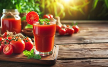 Ahşap arka planda domates suyu bulanık domates bahçesi arka planında