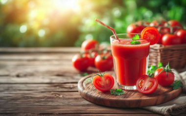 Ahşap arka planda domates suyu bulanık domates bahçesi arka planında