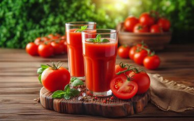 Ahşap arka planda domates suyu bulanık domates bahçesi arka planında