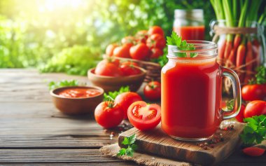 Ahşap arka planda domates suyu bulanık domates bahçesi arka planında