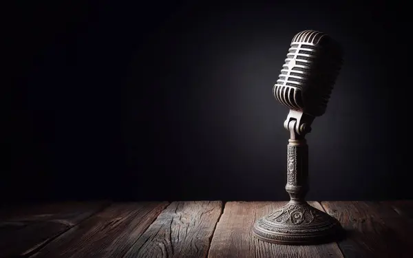 Antique microphone on old wooden background. Black background. Classic microphone.