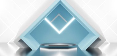 Teknoloji podyum kare şekli Neon ışıkları ve lazerler modern sergi sahnesi 3D illüstrasyon