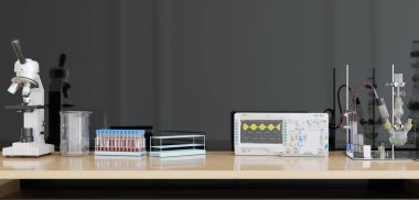 Laboratuvar, bilim adamı çalışma masası mikroskobu 3 boyutlu illüstrasyon