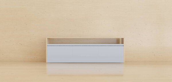 TV table in the middle of the room, TV shelf, empty room, 3D illustration