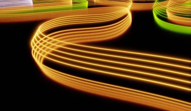 Soyut çizgiler, parlayan, bükülmüş, kıvrımlı çizgiler, parlayan bobin arkaplanı 3 boyutlu illüstrasyon