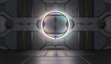 Modern oda, daire ışığı, teknoloji duvarı, parlak zemin, parlayan, parlak, neon arkaplan, 3 boyutlu illüstrasyon