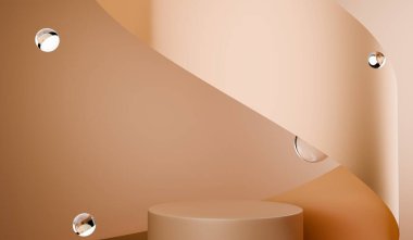 Daire podyum, kıvrımlı kurdele, minimalist duvar arkaplanı, vitrin, ürün standı, kozmetik ürün sunumu için modern boş ekran standı, moda dergisi, fotokopi alanı, 3d illüstrasyon