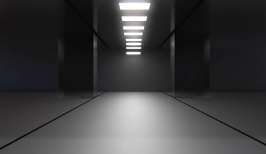 Cam sütunları ve koridor ışıkları olan karanlık sergi salonu. Soyut modern mimari arka plan. Cam paneller. Neon ışıkları. Koridor. Tünel. Sahne. Bilim kurgu. İyi geceler. 3B illüstrasyon.