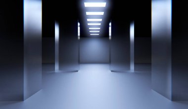 Cam sütunları ve koridor ışıkları olan karanlık sergi salonu. Soyut modern mimari arka plan. Cam paneller. Neon ışıkları. Koridor. Tünel. Sahne. Bilim kurgu. İyi geceler. 3B illüstrasyon.