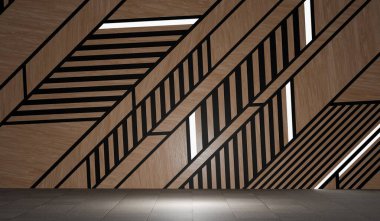 Ahşap duvarlarla dekore edilmiş boş bir oda tavanda sıcak beyaz ışıklar, modern zemin ve duvar sahneleri. Modern oda, ahşap duvarları ve duvarları olan minimalist boş alan. 3B illüstrasyon.