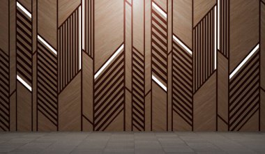 Ahşap duvarlarla dekore edilmiş boş bir oda tavanda sıcak beyaz ışıklar, modern zemin ve duvar sahneleri. Modern oda, ahşap duvarları ve duvarları olan minimalist boş alan. 3B illüstrasyon.