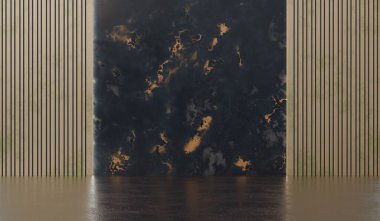 Oda, mermer zemin ve duvar, zemin, zemin, zemin, ahşap slat duvar, modern model tarzı, 3D illüstrasyon,