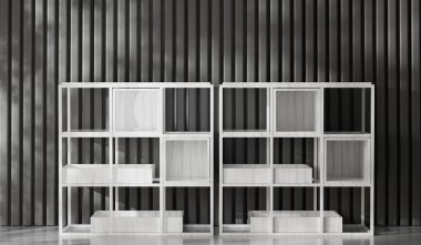 Raflar, sade bir odada kare ahşap raflar, modern tarz, üç boyutlu tasarım.