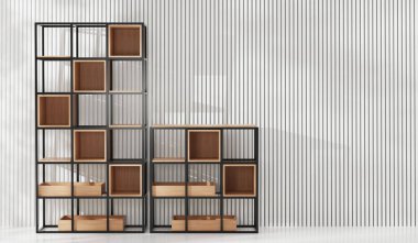 Raflar, sade bir odada kare ahşap raflar, modern tarz, üç boyutlu tasarım.