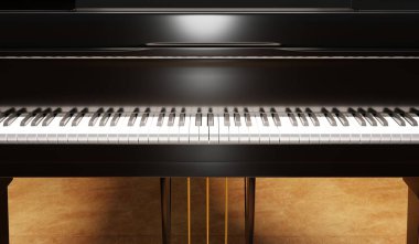 Architecture details of the wooden concert stage in an auditorium with a black grand piano. Piano with lights. 3D illustration. clipart