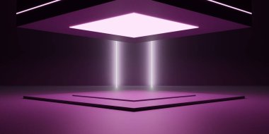 Neon ışıklarıyla kare kürsü sahnesi. Stüdyoda ürün için kare platform. Havada süzülen podyum. Parlak dükkan. Gece sahnesi. Ortasında neon kürsüsü olan karanlık bir oda. 3B illüstrasyon.