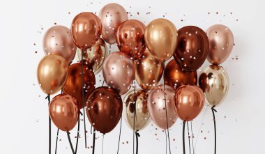 Balonlar ve konfetiler. Doğum günü partisi. Yeni yıl geçmişi. Uzayı kopyala Gerçekçi balonlarla arka plan şablonu. Konfeti kurdele çerçevesi ve tebrik mesajı veya davetiyesi için yer ile birlikte. 3B canlandırma arkaplanı.