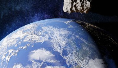 Göktaşı Dünya 'ya çarpar, göktaşı Dünya' ya yakın yüzer, kuyruklu yıldız Dünya 'ya yakın, ikinci ay, dünya dışı nesne, 3D illüstrasyon