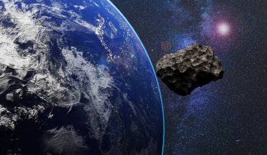 Göktaşı Dünya 'ya çarpar, göktaşı Dünya' ya yakın yüzer, kuyruklu yıldız Dünya 'ya yakın, ikinci ay, dünya dışı nesne, 3D illüstrasyon