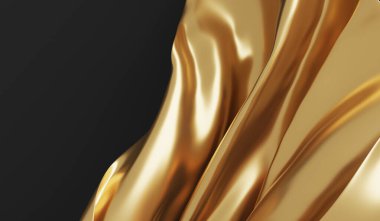 Altın, Saten, İpek Saten, Parlak, Parlak, Altın, Güzel Dalgalar, Pankart, arkaplan veya doku için arkaplan. Yüksek detaylı kumaş dokusu. 3B kumaş illüstrasyonu