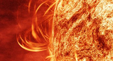 Güneş patlaması, Corona, Kozmik, Güneş Kırmızı Dev Yıldızlı Alevler ve Isı. Uzay 3 boyutlu Güneş Arkaplanı Kozmik Bulutu oluşturur