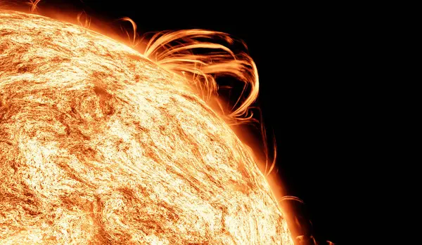 Güneş patlaması, Corona, Kozmik, Güneş Kırmızı Dev Yıldızlı Alevler ve Isı. Uzay 3 boyutlu Güneş Arkaplanı Kozmik Bulutu oluşturur