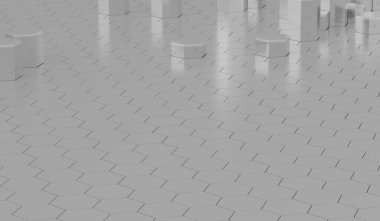 Üç boyutlu altıgen soyut arkaplan. Soyut beyaz. Altıgen altında parlayan renkli enerji. Modern teknoloji fütüristik arka plan. Beyaz bal peteği dokusu ızgarası. Altıgen. 3B illüstrasyon.