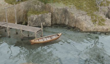 Küçük ahşap tekne, küçük iskele, 3 boyutlu illüstrasyon