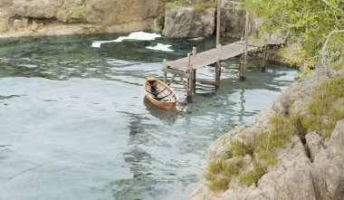 Küçük ahşap tekne, küçük iskele, 3 boyutlu illüstrasyon