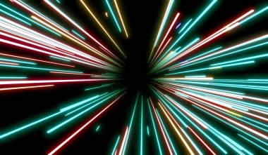 Lazer ve neon ışıkları merkezden patlar, ışık hızında hareket ederler. 3B illüstrasyon.