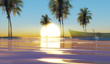 Denizde yüzen ahşap tekne, gün batımı, üç boyutlu resim.