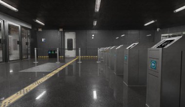 Metro istasyonu, yürüyüş yolu, tren girişi, 3 boyutlu illüstrasyon