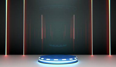 Teknoloji podyumu, çember tabanı ve neon ışığı, 3 boyutlu illüstrasyon