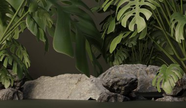 Yaprak sahnesi, doğa arka planı, yapraklar, eğrelti otu yaprakları, üç boyutlu illüstrasyon