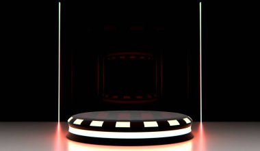 Teknoloji podyumu, çember tabanı ve neon ışığı, 3 boyutlu illüstrasyon