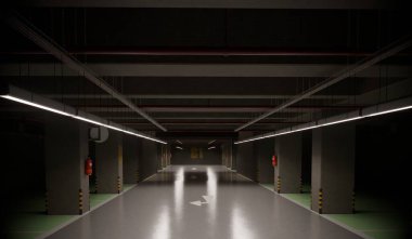 Yeraltı otoparkı, otopark, otopark binası, üç boyutlu illüstrasyon.
