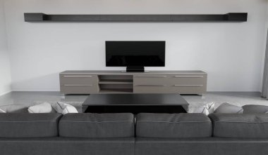 Sinema odası, ev sineması, LED TV, oyun odasındaki kanepe, 3 boyutlu illüstrasyon