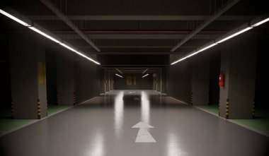 Yeraltı otoparkı, otopark, otopark binası, üç boyutlu illüstrasyon.