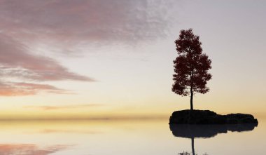 Küçük bir adada ağaç, su yüzeyi, göl, üç boyutlu illüstrasyon.