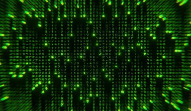 İkili kod, teknoloji arka planı, kod, sayılar, 3D illüstrasyon