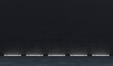 Beton duvardaki neon ışıklı çerçeve, ürünler için boş arkaplan, 3D illüstrasyon